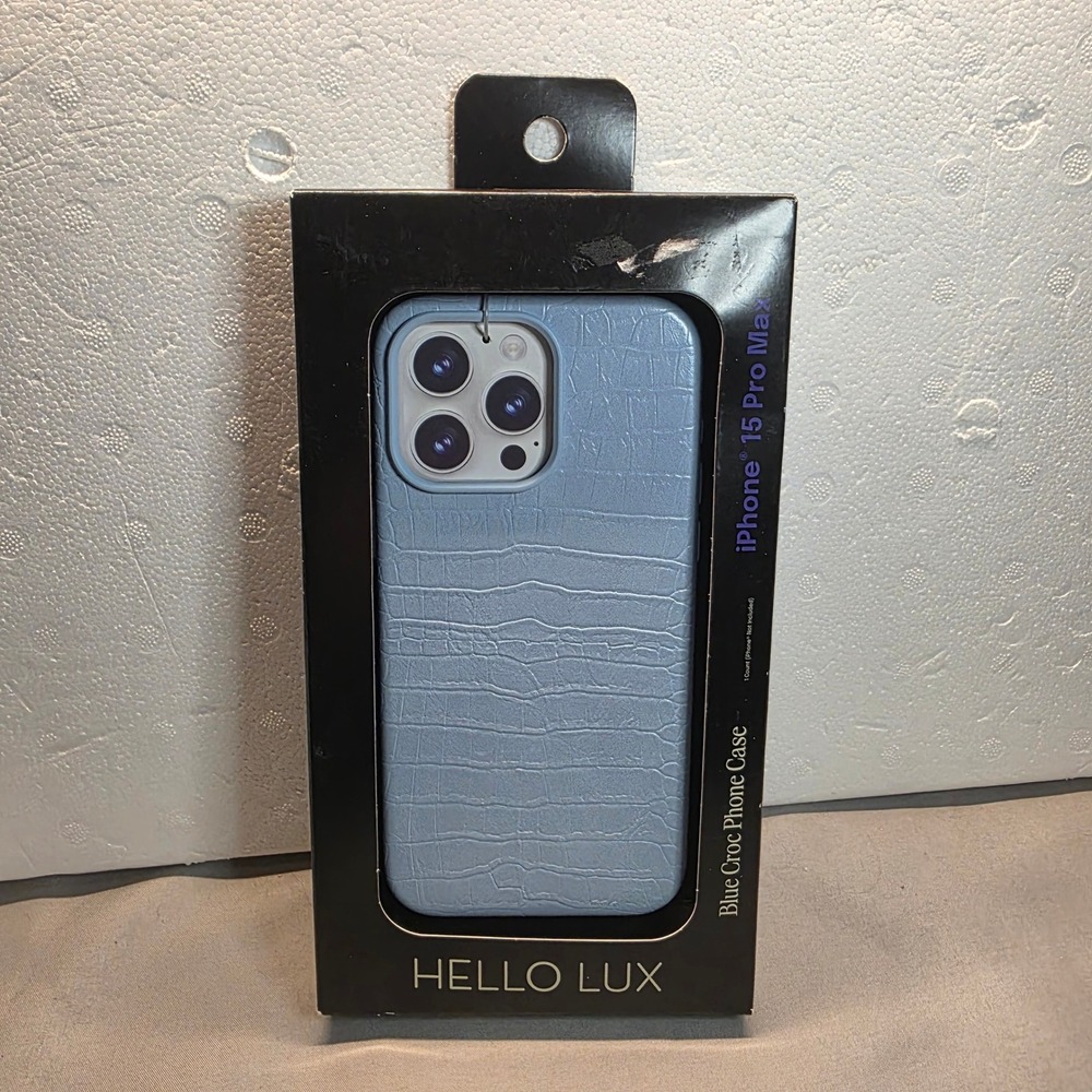 Hello Lux Blue Croc Phone Case for iPhone 15 Pro Max Faux Leather Textured Cover